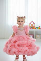 Peach Netted Frilled Fluffy Gown With White Crystal and Beads Work