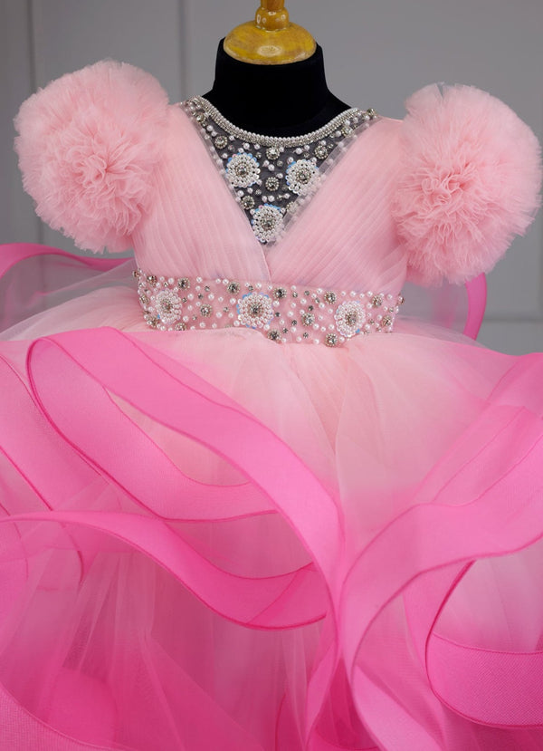 Icey Pink And Rose Pink Twirled Gown With Rich White Bead Work Gown