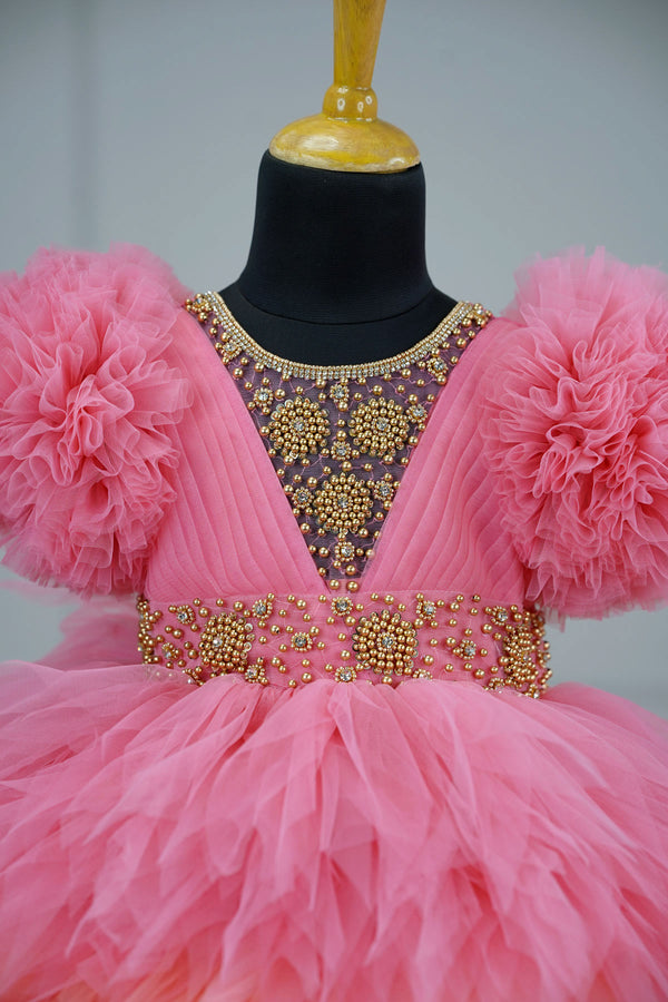 Flamingo Pink And Light Peach Feather Frilled Gown With Rich Golden Bead Work Gown