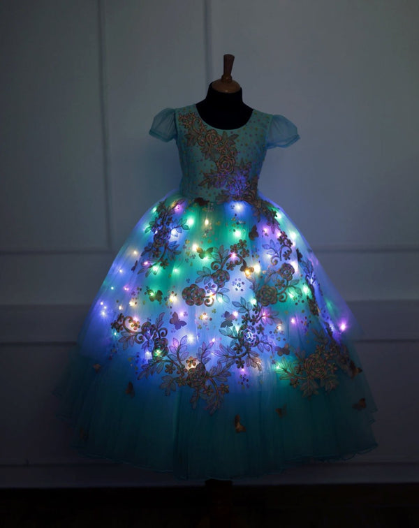 Aqua Green Firefly Princess Gown With LED lights And  Multicolor Lace embellishments