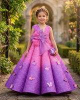 Rose Pink and Lavender Double Shaded Panel Gown with Fabric Manipulated Twirled Detachable Belt