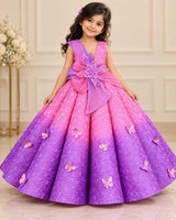 Embroidery Net, Organza and Satin Sleeveless Butterfly Embellished Double Shaded Full-Length Panel Gown with Twirled Detachable Belt for Girl in Rose Pink and Lavender