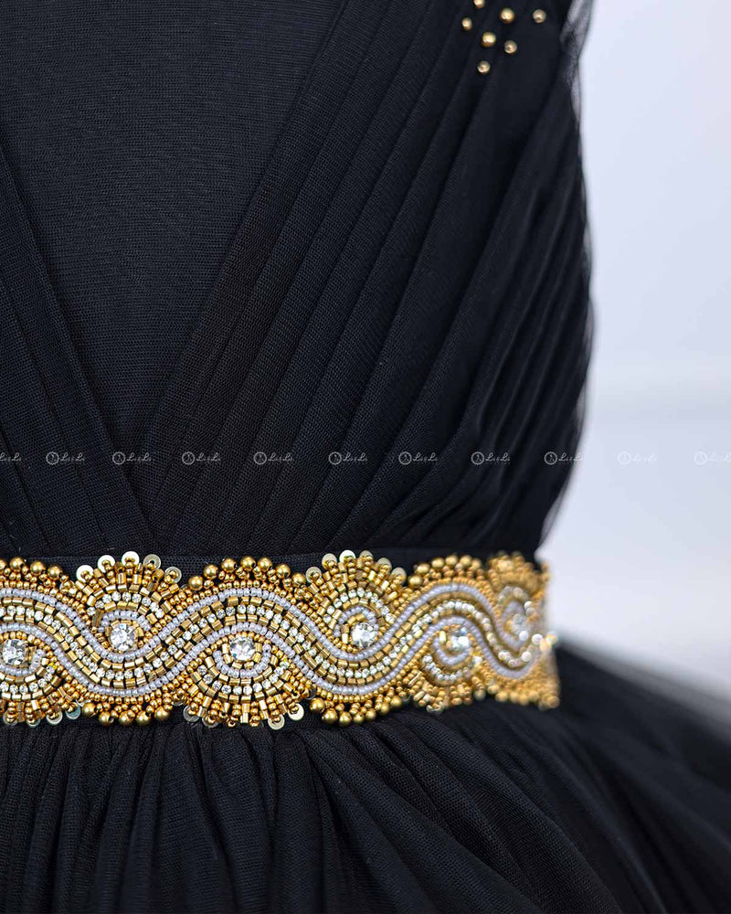 Classic Black Cloudy Frilled Gown with Handcrafted Beaded Waistline