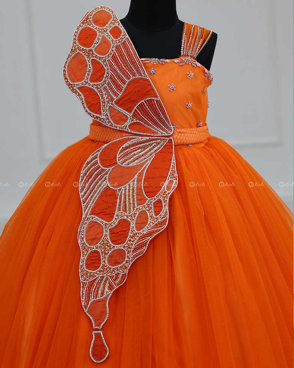 Monarch Butterfly Deep Orange Theme Gown in Orange Color with Detachable Wings and Belt