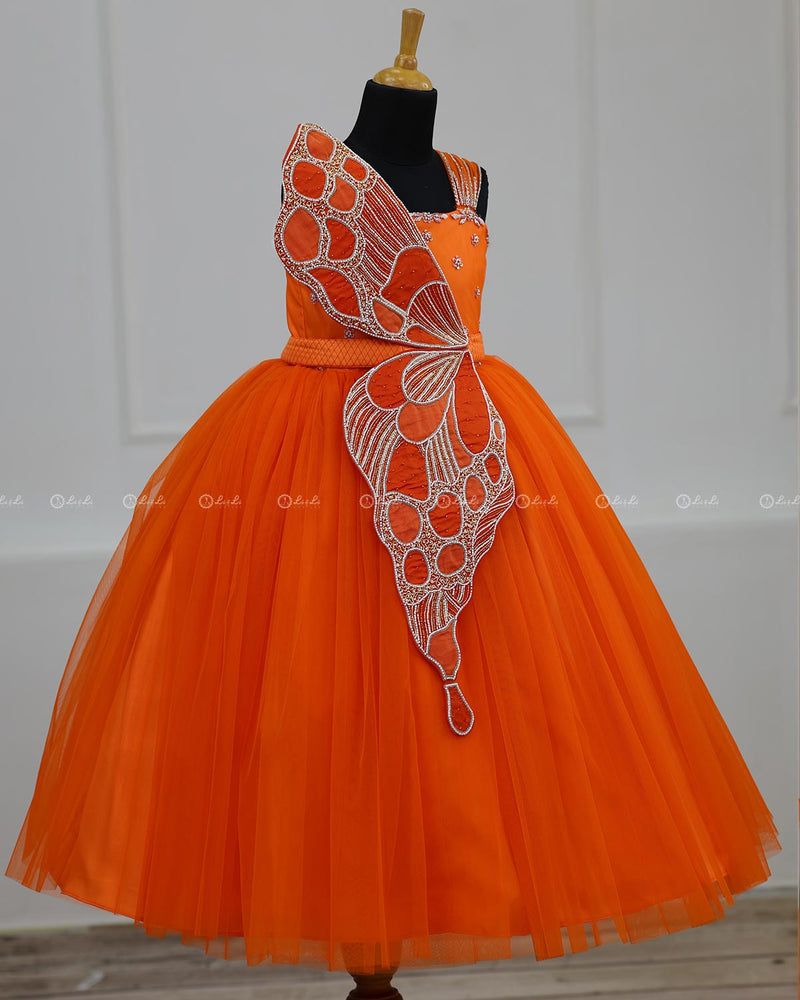 Monarch Butterfly Deep Orange Theme Gown in Orange Color with Detachable Wings and Belt