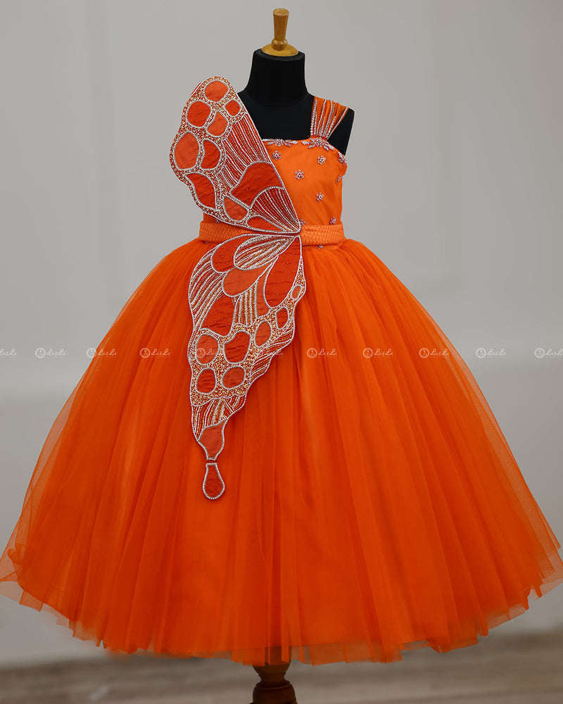 Monarch Butterfly Deep Orange Theme Gown in Orange Color with Detachable Wings and Belt