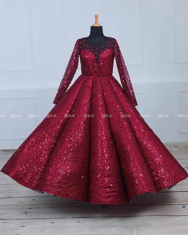 Wine Red Full Sleeve  Sequence Panel Gown