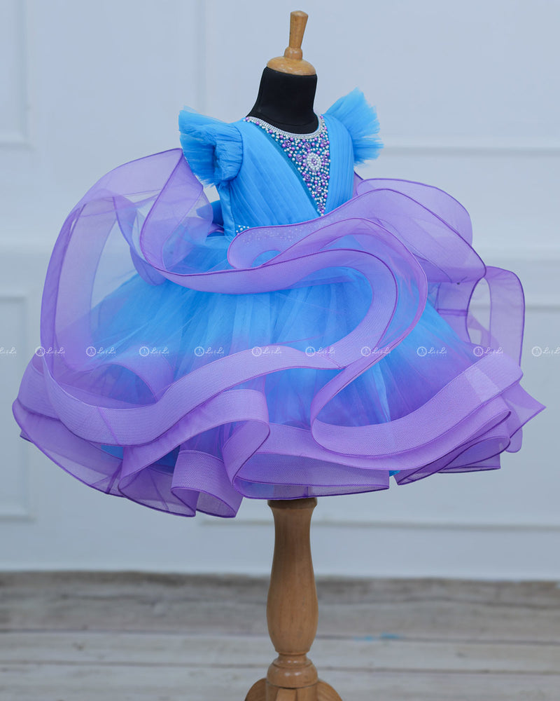 Sky Blue  and Lavender Twirled Gown with Rich White Bead Work.