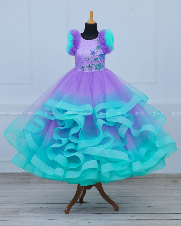 Mermaid Theme Purple and Seablue combo Swriled Gown