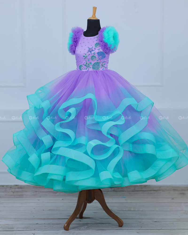 Mermaid Theme Purple and Seablue combo Swriled Gown