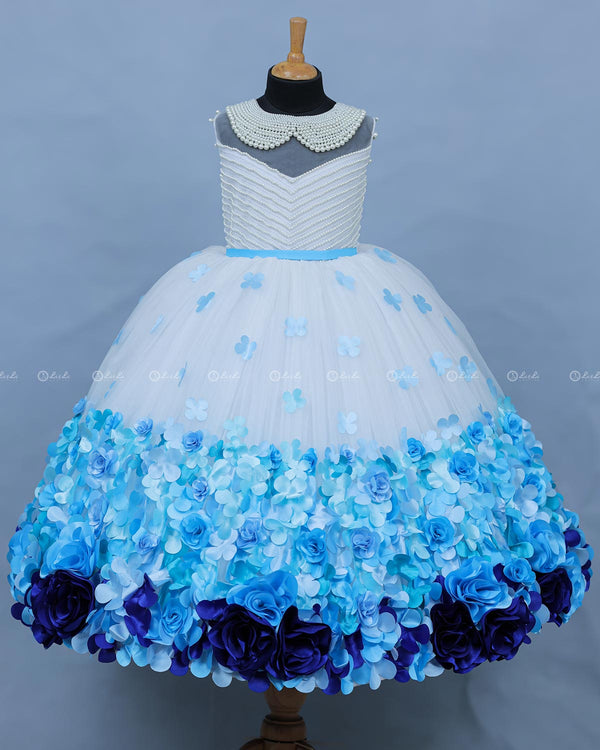 Blue color gradient rosette ball gown with pearl embellished yoke