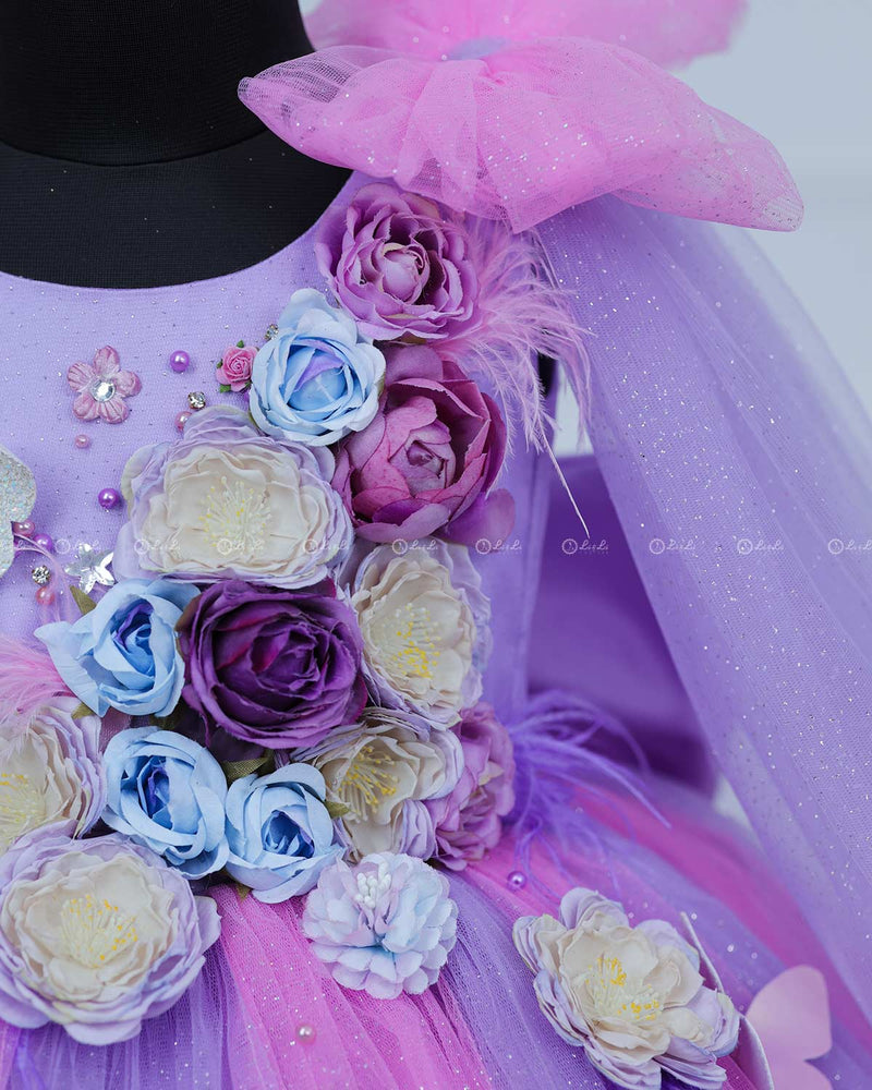 Pink & Lavender Shade Ball Gown with Attachable Sleeve Trail