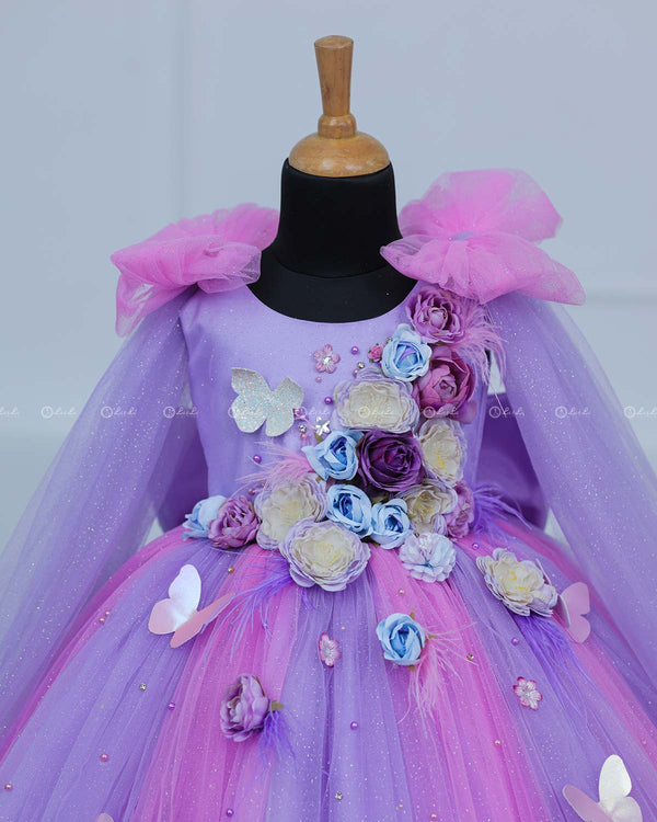 Pink & Lavender Shade Ball Gown with Attachable Sleeve Trail