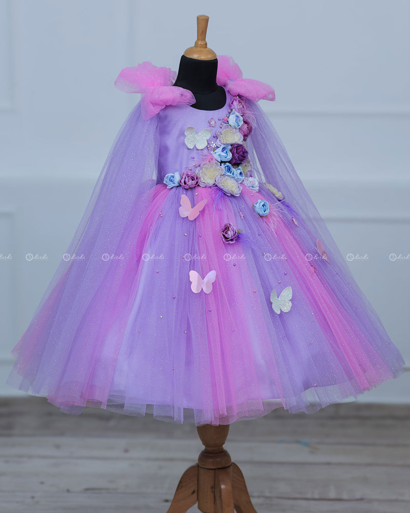 Pink & Lavender Shade Ball Gown with Attachable Sleeve Trail