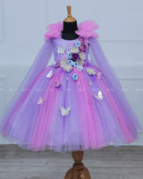 Pink & Lavender Shade Ball Gown with Attachable Sleeve Trail