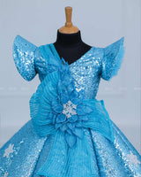 Sky Blue Sequence Panel Gown with Fabric Manipulated Twirled Detachable Belt