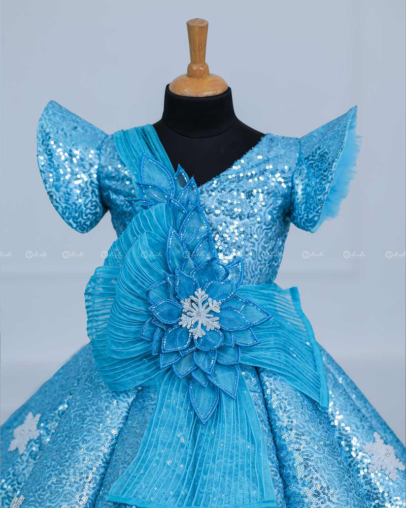 Sky Blue Sequence Panel Gown with Fabric Manipulated Twirled Detachable Belt