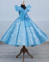 Sky Blue Sequence Panel Gown with Fabric Manipulated Twirled Detachable Belt