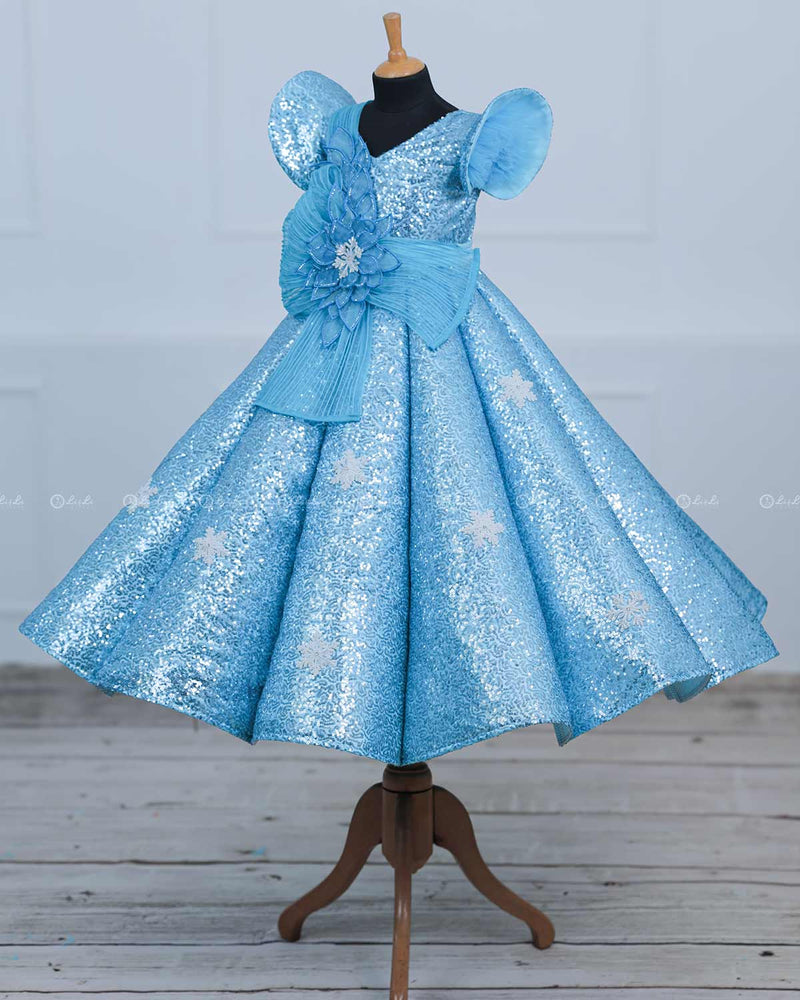 Sky Blue Sequence Panel Gown with Fabric Manipulated Twirled Detachable Belt