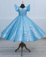 Sky Blue Sequence Panel Gown with Fabric Manipulated Twirled Detachable Belt