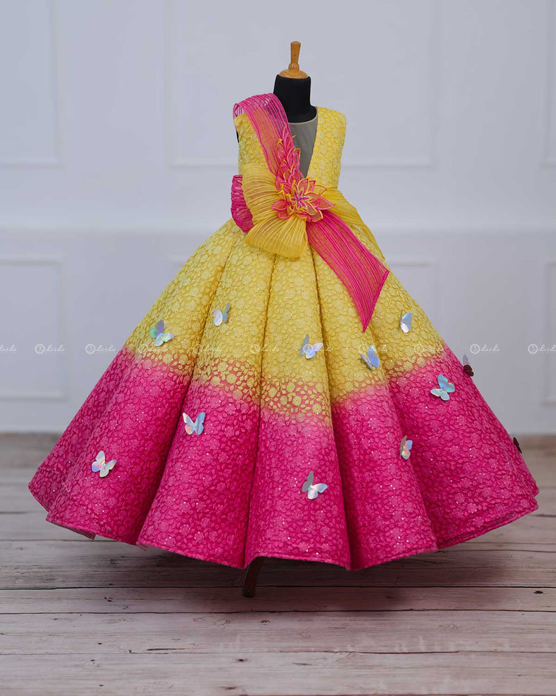 Dark Pink and Lemon Yellow Double Shaded Panel Gown