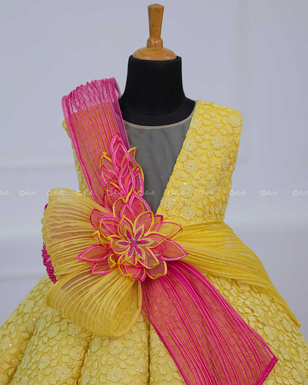 Dark Pink and Lemon Yellow Double Shaded Panel Gown