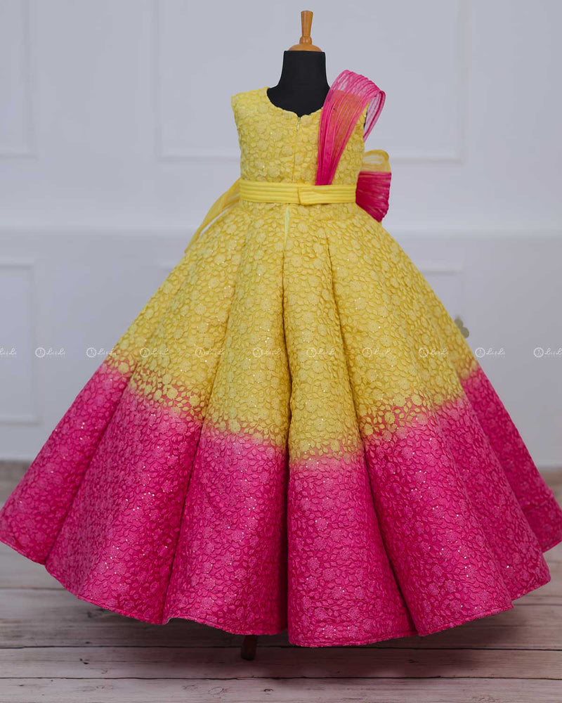 Dark Pink and Lemon Yellow Double Shaded Panel Gown