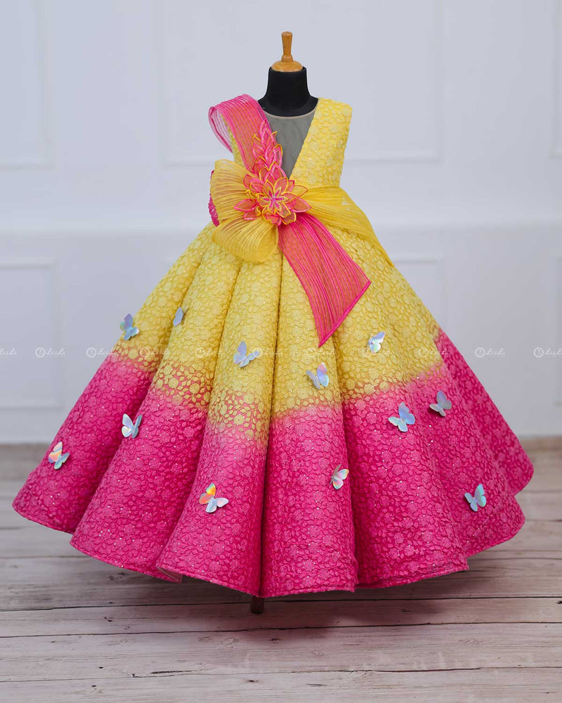 Dark Pink and Lemon Yellow Double Shaded Panel Gown