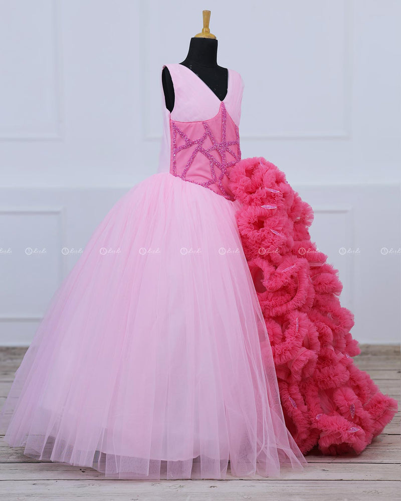 Cherry Blossom with Rose Pink Combo Couture Gown with Frill Details