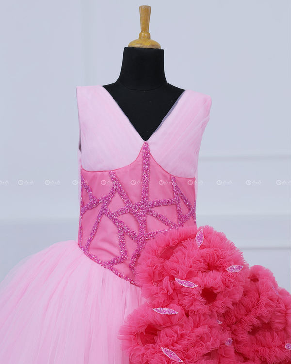 Cherry Blossom with Rose Pink Combo Couture Gown with Frill Details