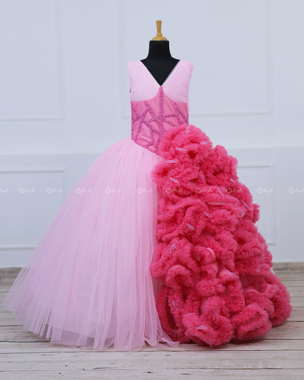 Cherry Blossom with Rose Pink Combo Couture Gown with Frill Details