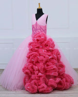 Cherry Blossom with Rose Pink Combo Couture Gown with Frill Details