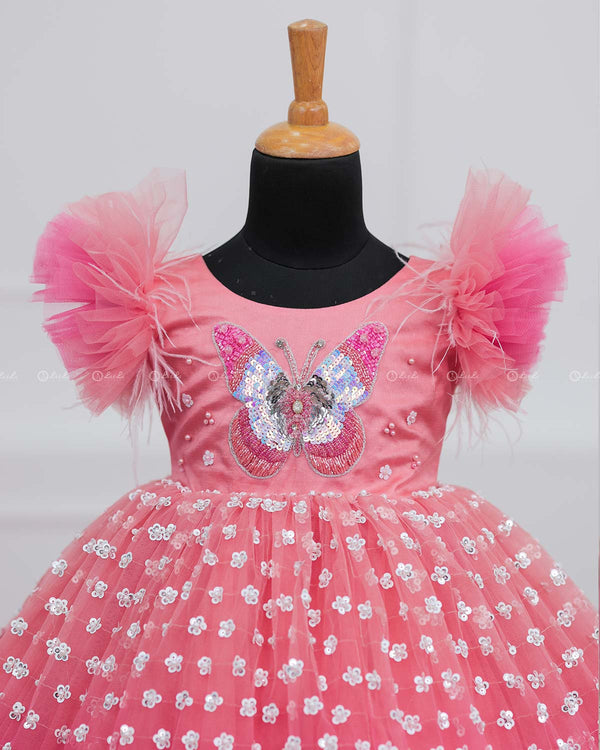 Flamingo Pink Butterfly Theme Dress Highlighted With Handwork