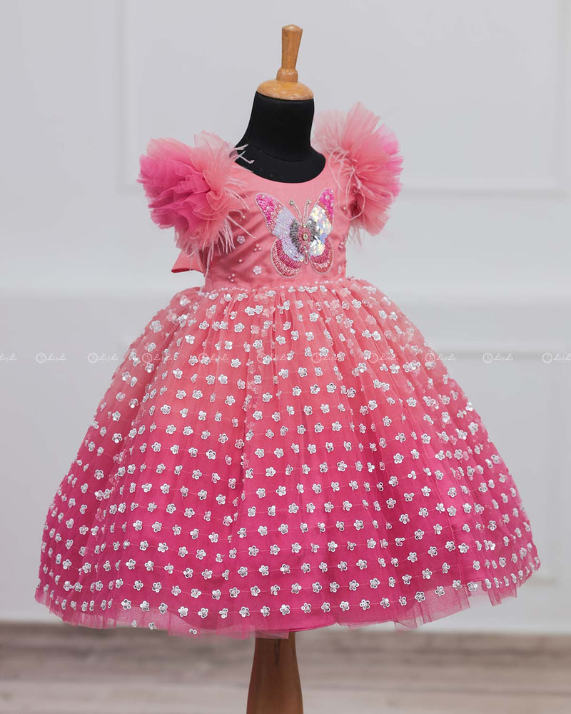 Flamingo Pink Butterfly Theme Dress Highlighted With Handwork