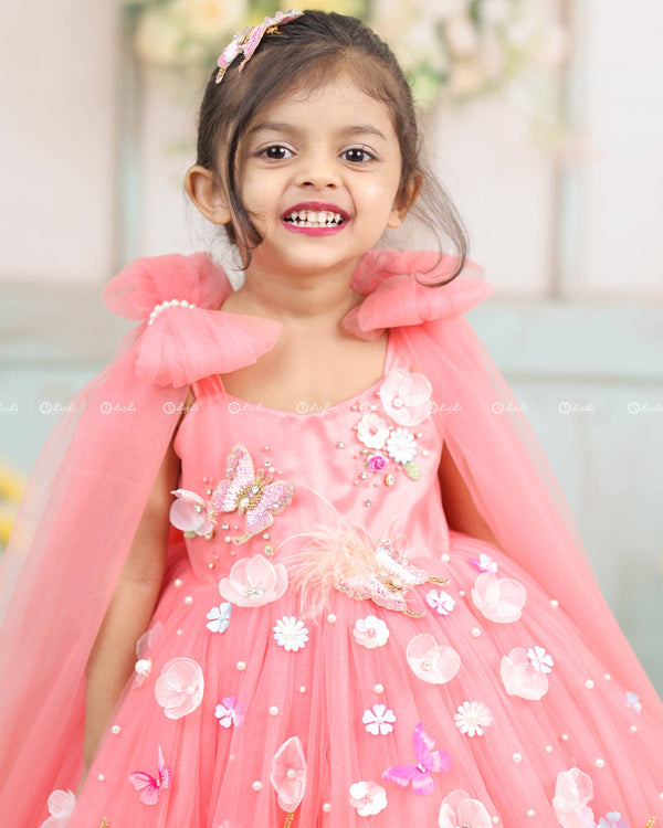 Dreamy Floral  Flamingo Pink Princess Gown