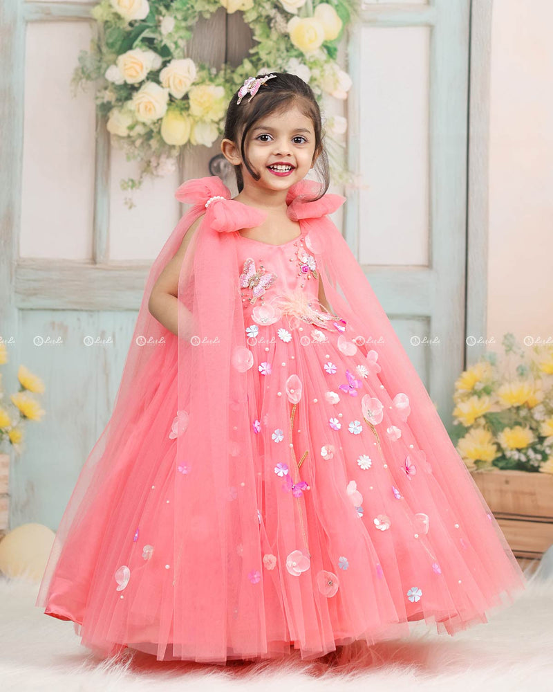Dreamy Floral  Flamingo Pink Princess Gown