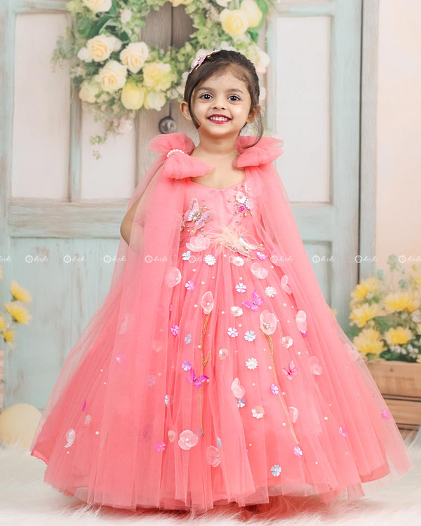 Dreamy Floral  Flamingo Pink Princess Gown