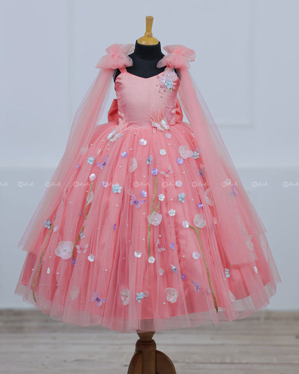 Dreamy Floral  Flamingo Pink Princess Gown