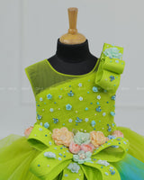 Lime Green & Turquoise Blue Twirled Gown with Multicolored Pastel Flower Embellished Yoke & Hcrafted Bow