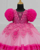 Baby Pink and  Hot Pink Part Wear Gown with Heavy and Crafted Yoke and Petal Detailing