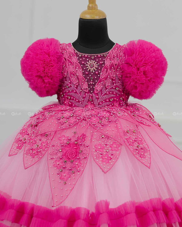 Baby Pink and  Hot Pink Part Wear Gown with Heavy and Crafted Yoke and Petal Detailing