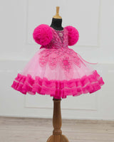 Baby Pink and  Hot Pink Part Wear Gown with Heavy and Crafted Yoke and Petal Detailing