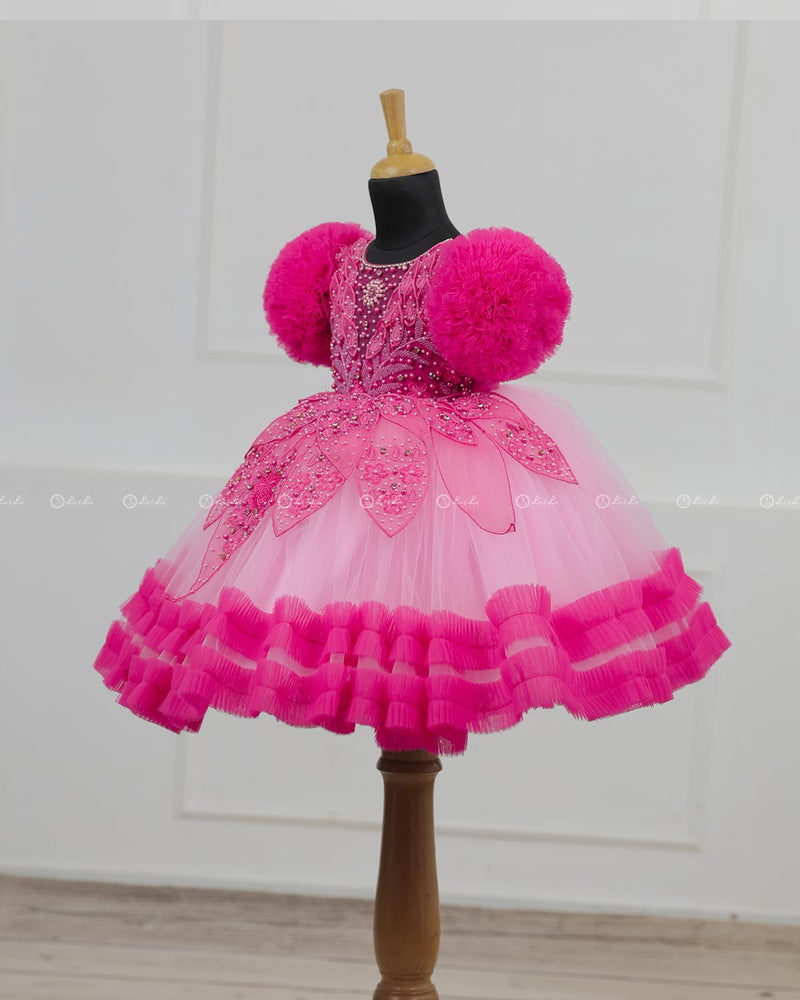 Baby Pink and  Hot Pink Part Wear Gown with Heavy and Crafted Yoke and Petal Detailing