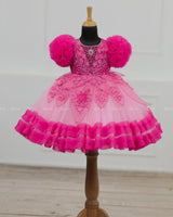 Baby Pink and  Hot Pink Part Wear Gown with Heavy and Crafted Yoke and Petal Detailing