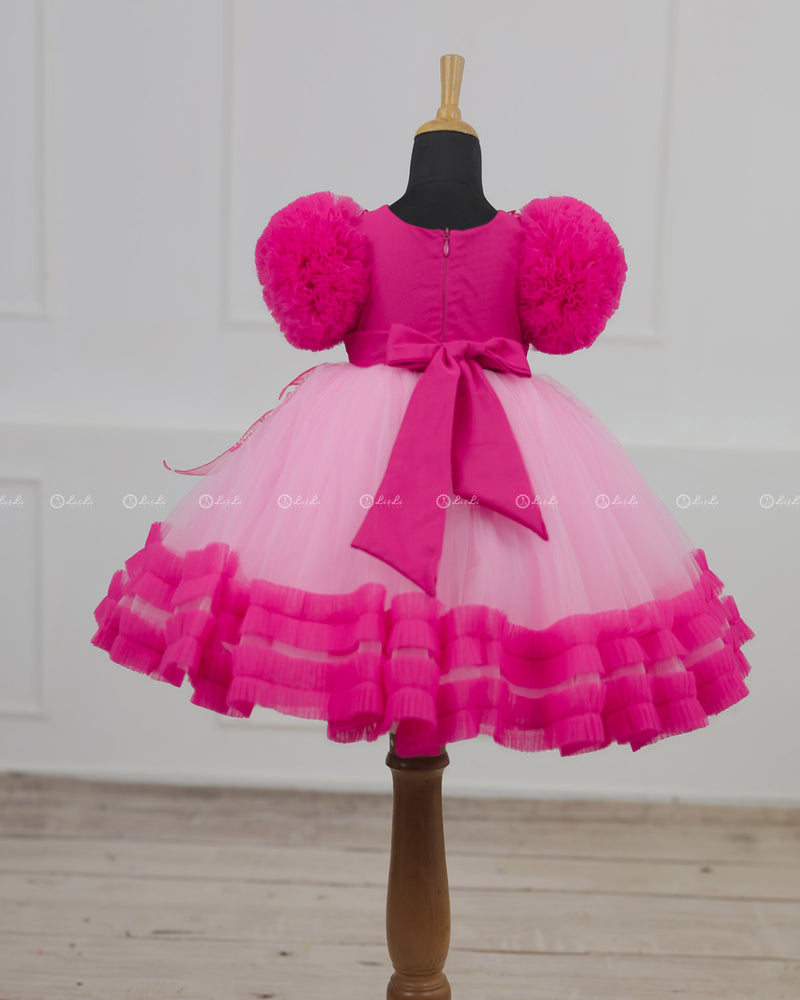 Baby Pink and  Hot Pink Part Wear Gown with Heavy and Crafted Yoke and Petal Detailing