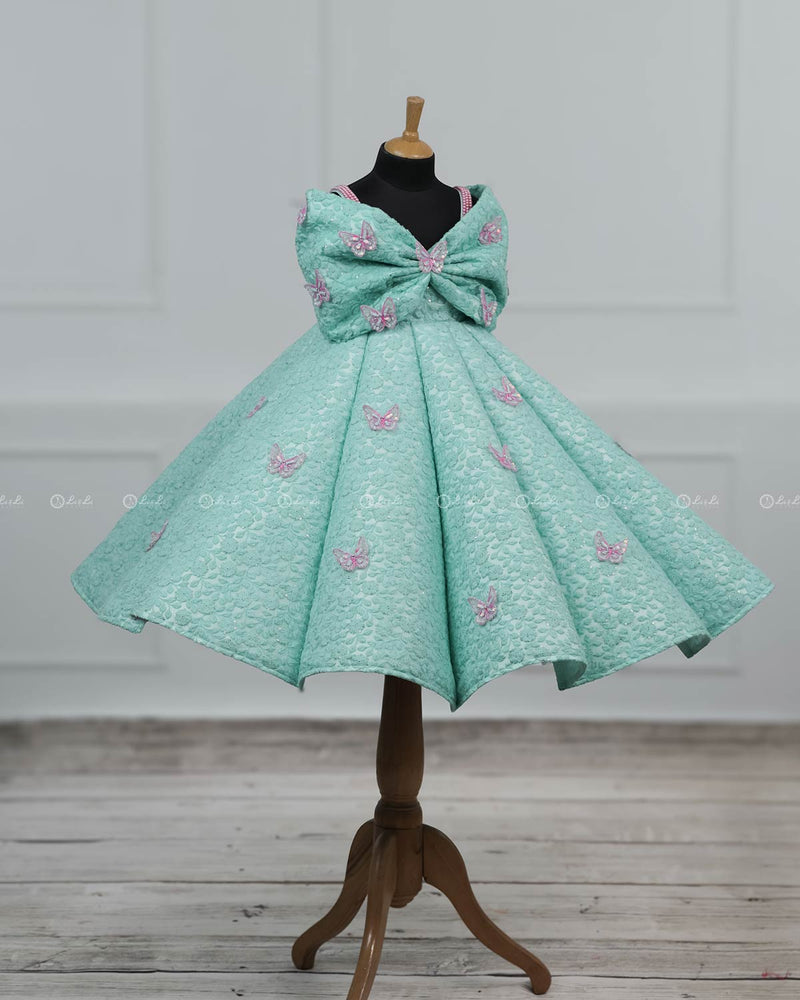 AQUA Marine Blue Panel Gown Highlighted with Handcrafted Pink Butterfly Patches.