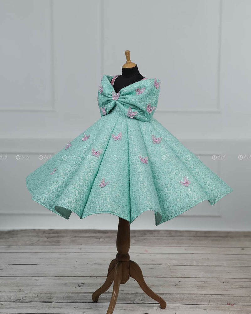 AQUA Marine Blue Panel Gown Highlighted with Handcrafted Pink Butterfly Patches.