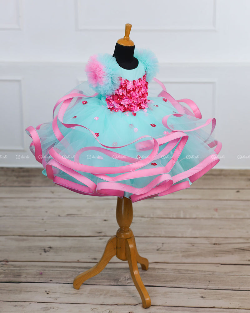 Moonlight- Powder Blue Twirled Party wear Gown with pink Flowers
