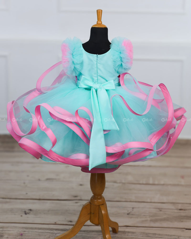 Moonlight- Powder Blue Twirled Party wear Gown with pink Flowers