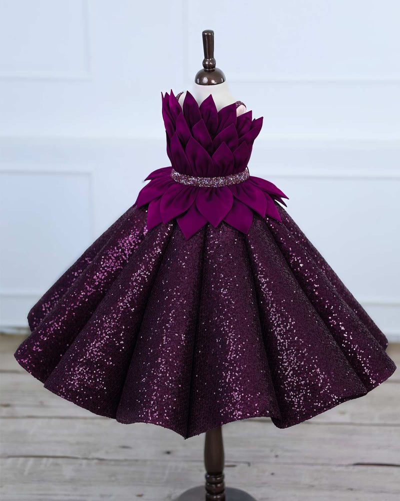 Dark Purple Sequence Panel Gown with a Petal Style Detachable Top.